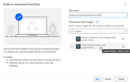Luware Nimbus screenshot of automated cloud flow