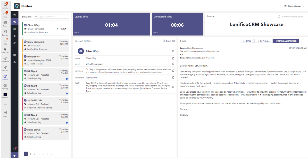 Screenshot of email with AI analysis in Luware Nimbus